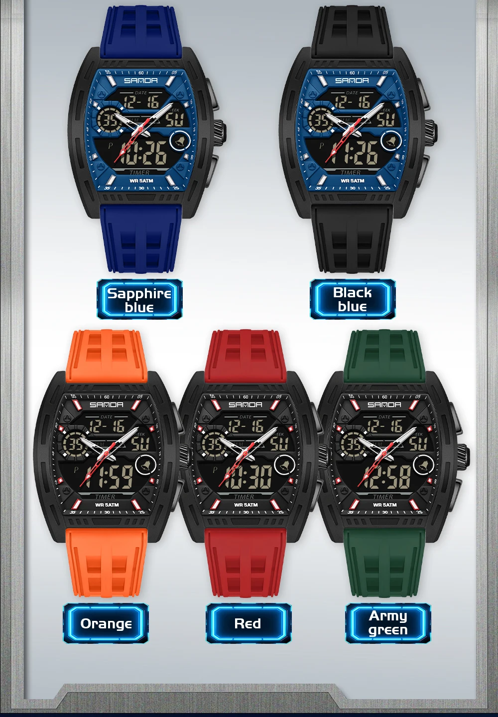 Montre numérique pour homme, double affichage, calendrier, alarme lumineuse, compte à rebours, montre électronique tendance pour homme, Reloj Hombre_voghion.com