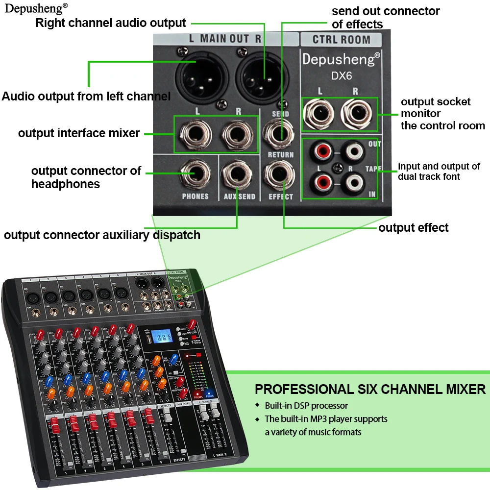 Professional Audio Mixer Depusheng DX6 6Channel Sound Board Console with Bluetooth USB PC Recording Input 48V POWER