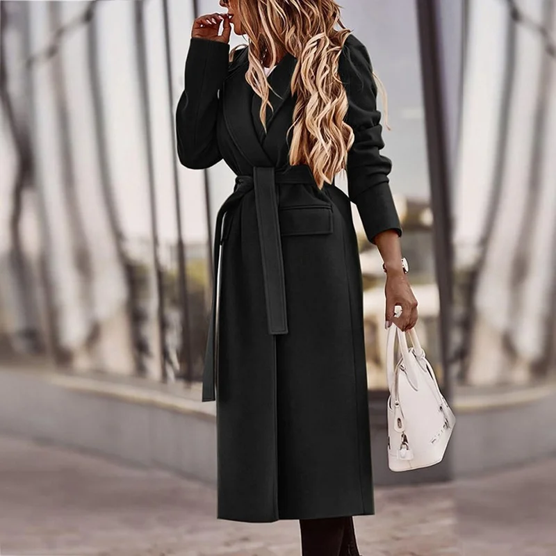 

Women's Solid Color Casual Lace Up Slim Woolen Coat Jackets 2021 Loose Lapel Cardigan Long Sleeve Mid-length Jacket Streetwear