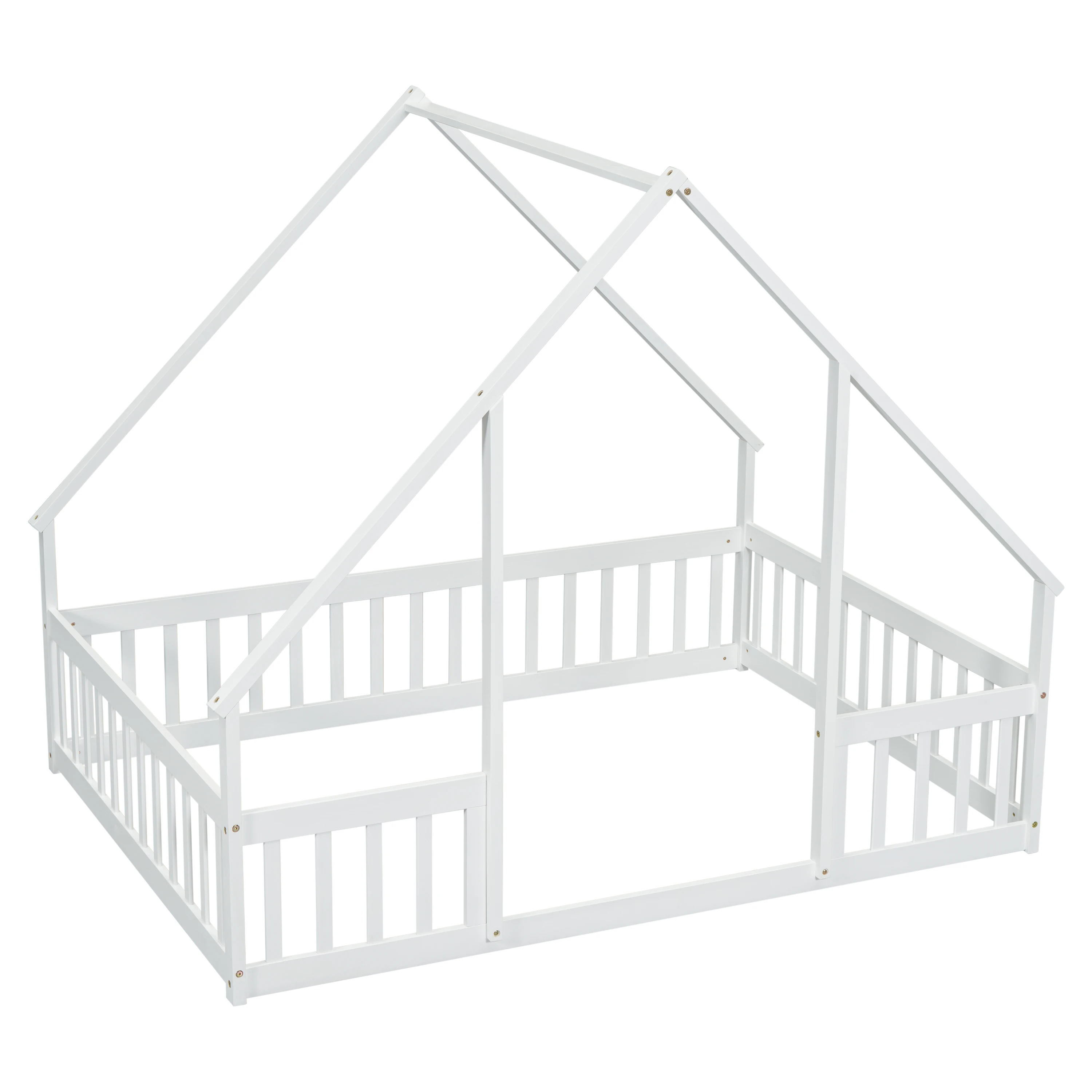 Twin Wood House-Shaped Floor Bed with Fence, Guardrails 5