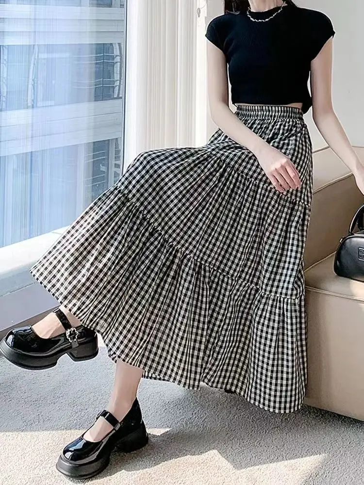 Patchwork Tiered Skirt Women 2025 Summer Vintage Checkered