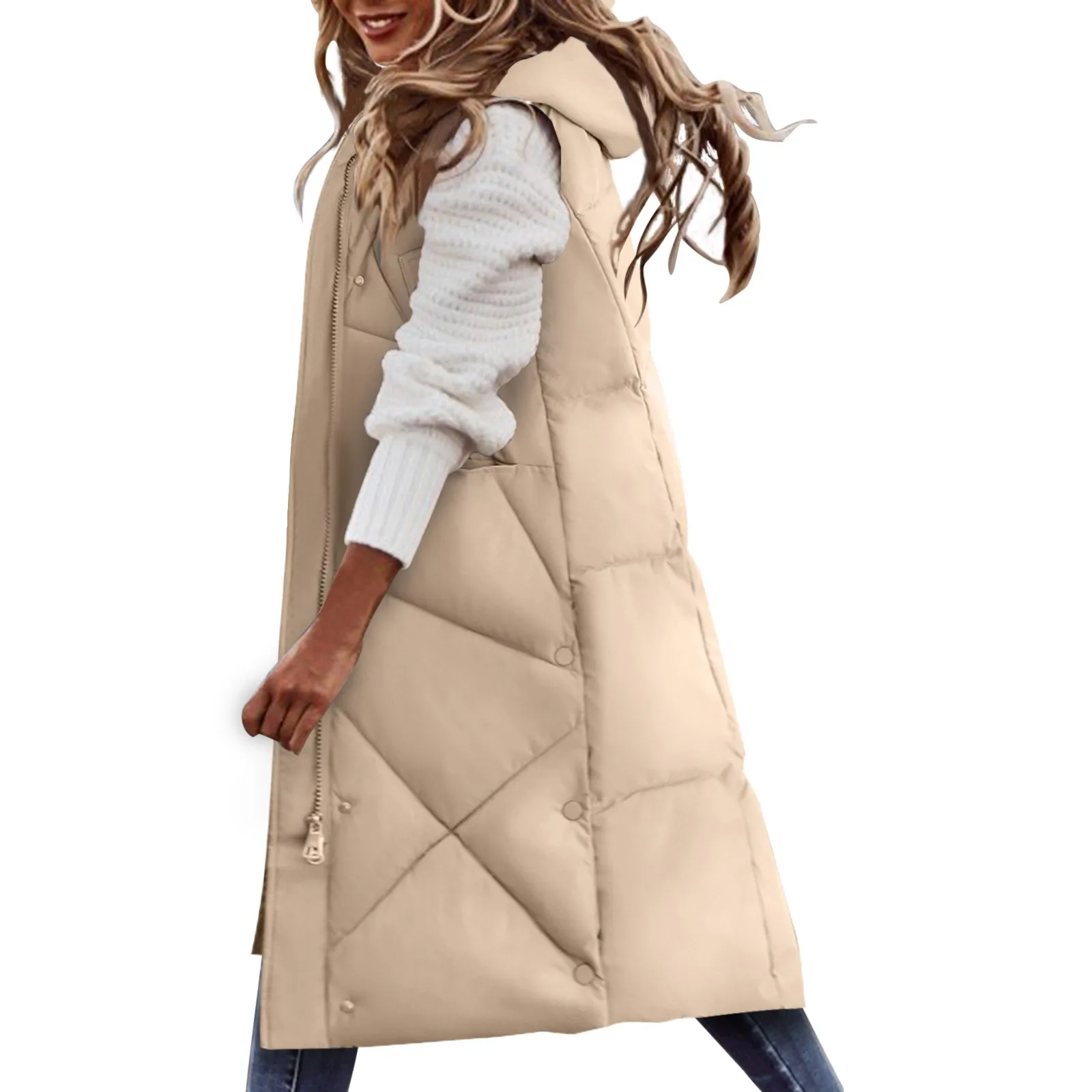 Winter Long Vest Women's Sleeveless Hooded Loose Coat With Pockets
