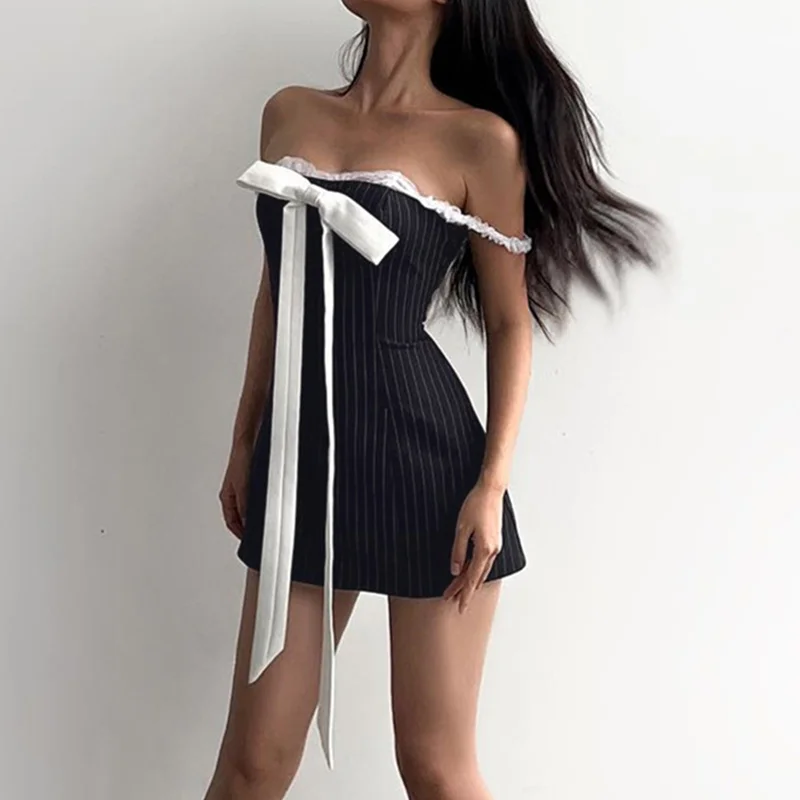y2k Dress 2000s Women Striped Lace Stitching Off Shoulder Sleeveless Bodycon Short Dress with Bow Decor Party Dresses