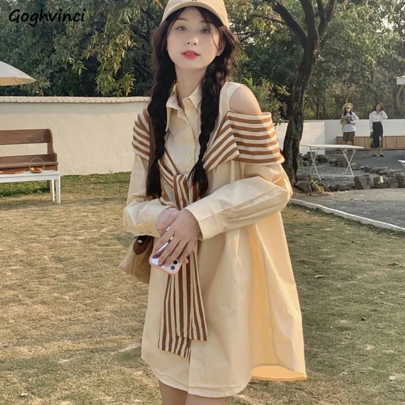 

Long Sleeve Dresses Women French Style Vintage Fall Leisure Chic Off Shoulder Turn-down Collar All-match Loose Mini Dress Trendy