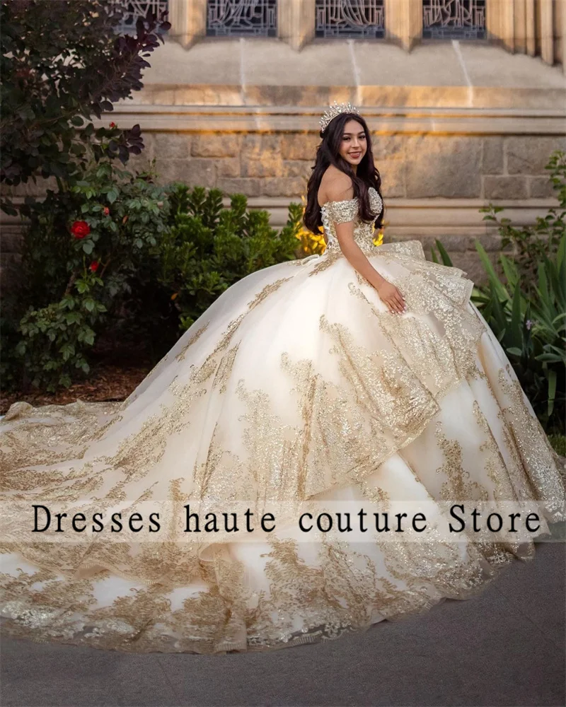 Luxury Gold Pearls Lace Quinceanera Dresses Off Shoulder Ball Gown Corset Birthday Party Dress Vestidos De 15 Quincea&ntilde;era