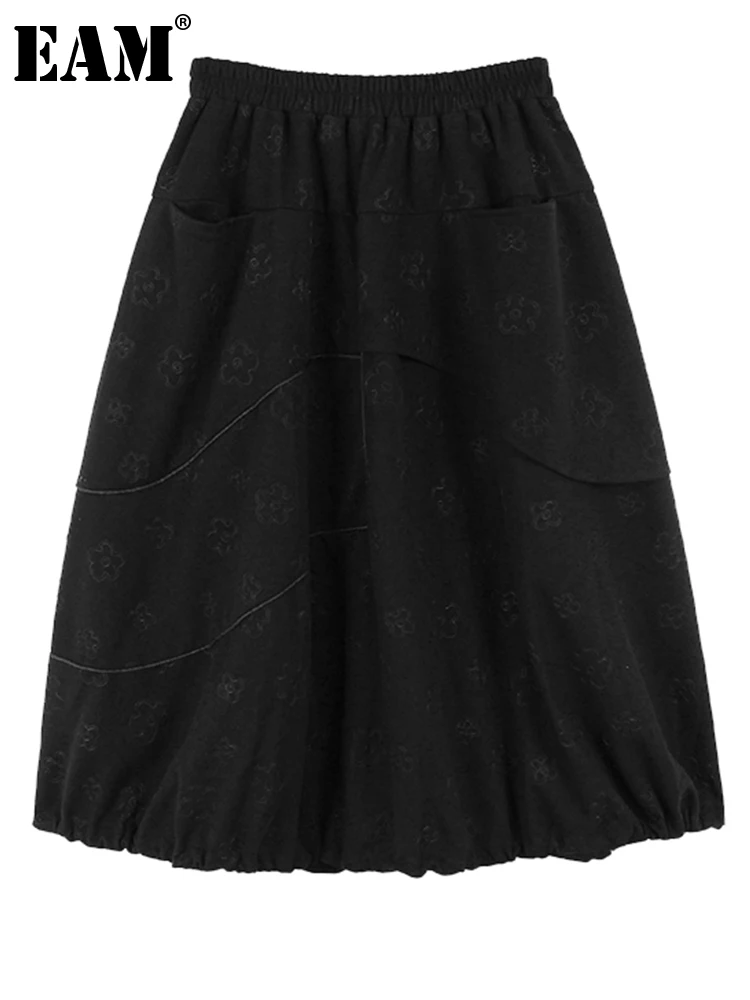 

[EAM] High Elastic Waist Black Flower Drawstring A-line Half-body Skirt Women Fashion Tide New Spring Autumn 2024 1DH2752