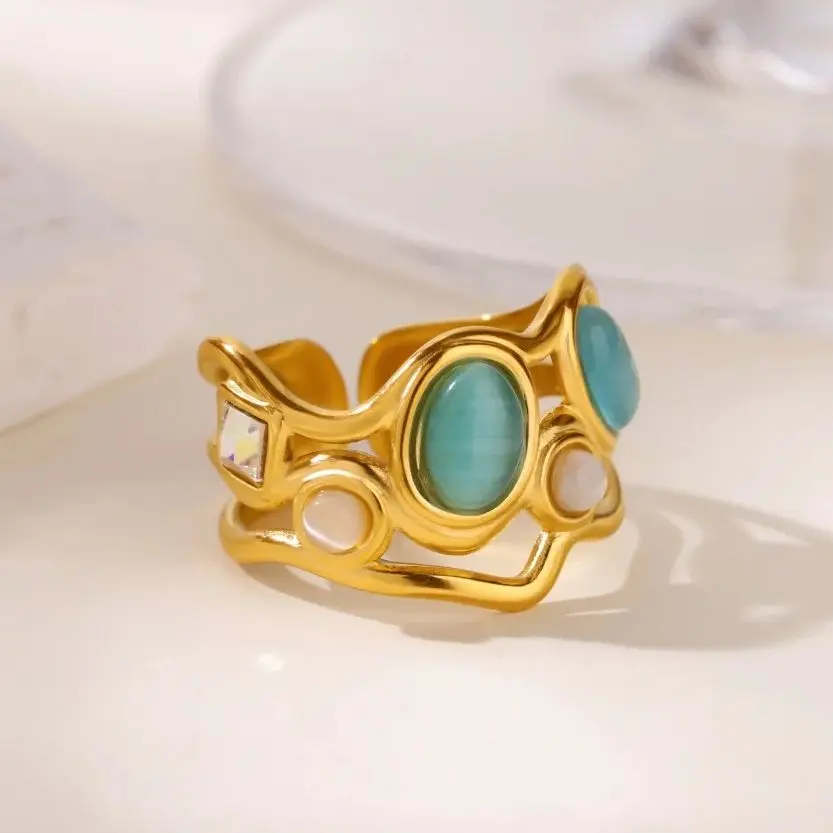 Geometric Opal Ring Stainless Steel Gold Color For Women