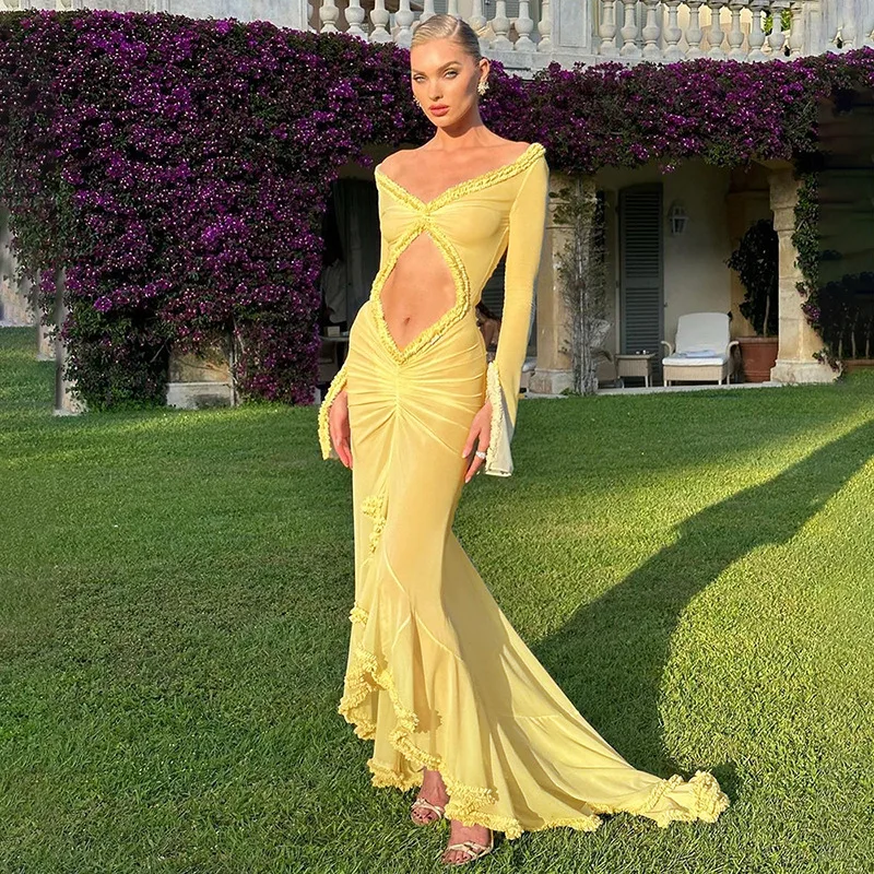 

Gtpdpllt Frill Mesh Sheer Hollow Out Maxi Dress Asymmetrical Summer Dressess For Women 2024 Elegant Party Vacation Outfits