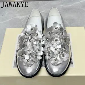 Luxury Brand Ladies Flats SIlver Black FLower Appliqued Dress Loafers Slip-on Lazy Shoes Genuine Leather Oxfords Shoes Women