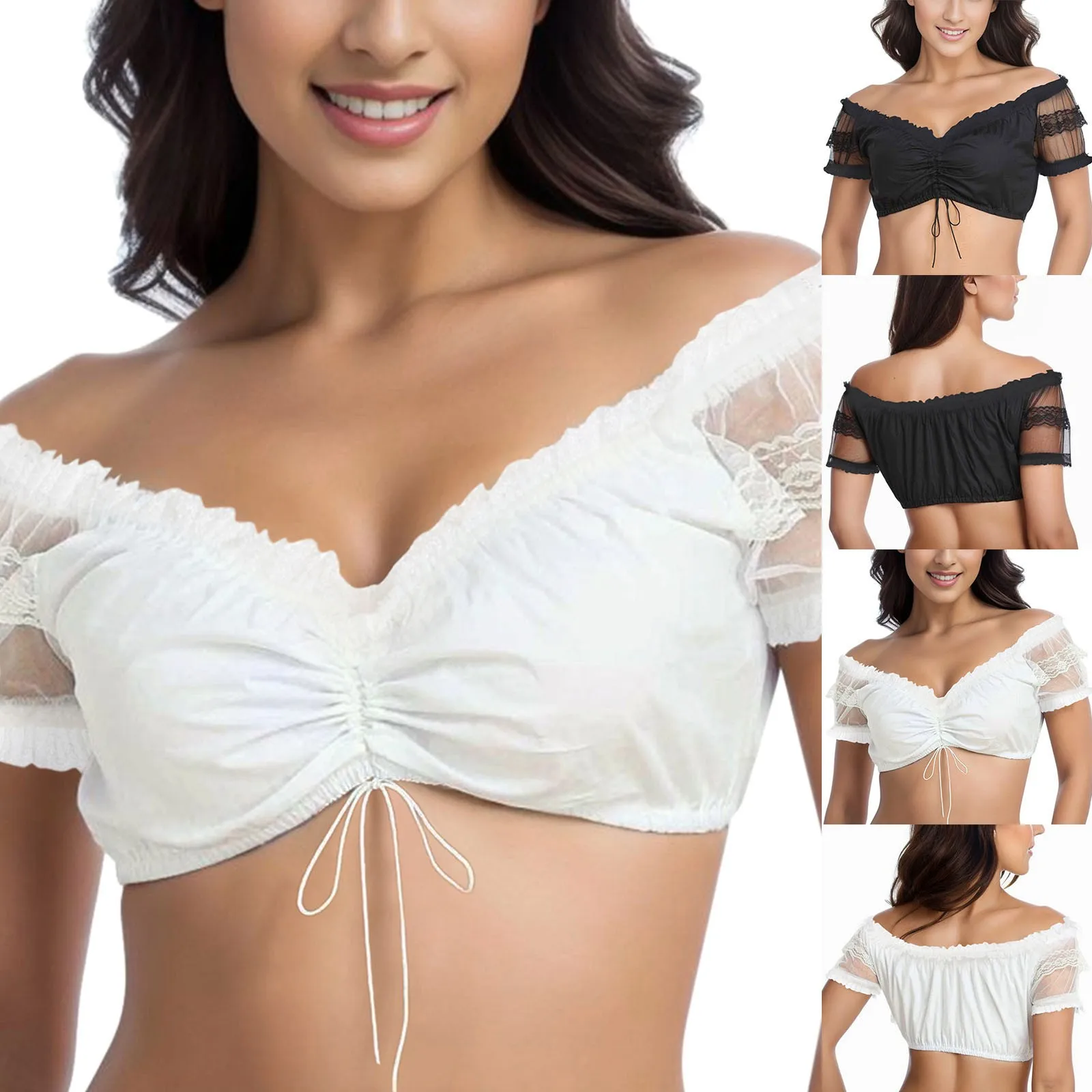 

Oktoberfest Costume T-Shirt Women'S Lace Dirndl Crop Tops Elegant Ladies Off Shoulder Drawstring Tee Shirt сорочки та блузки