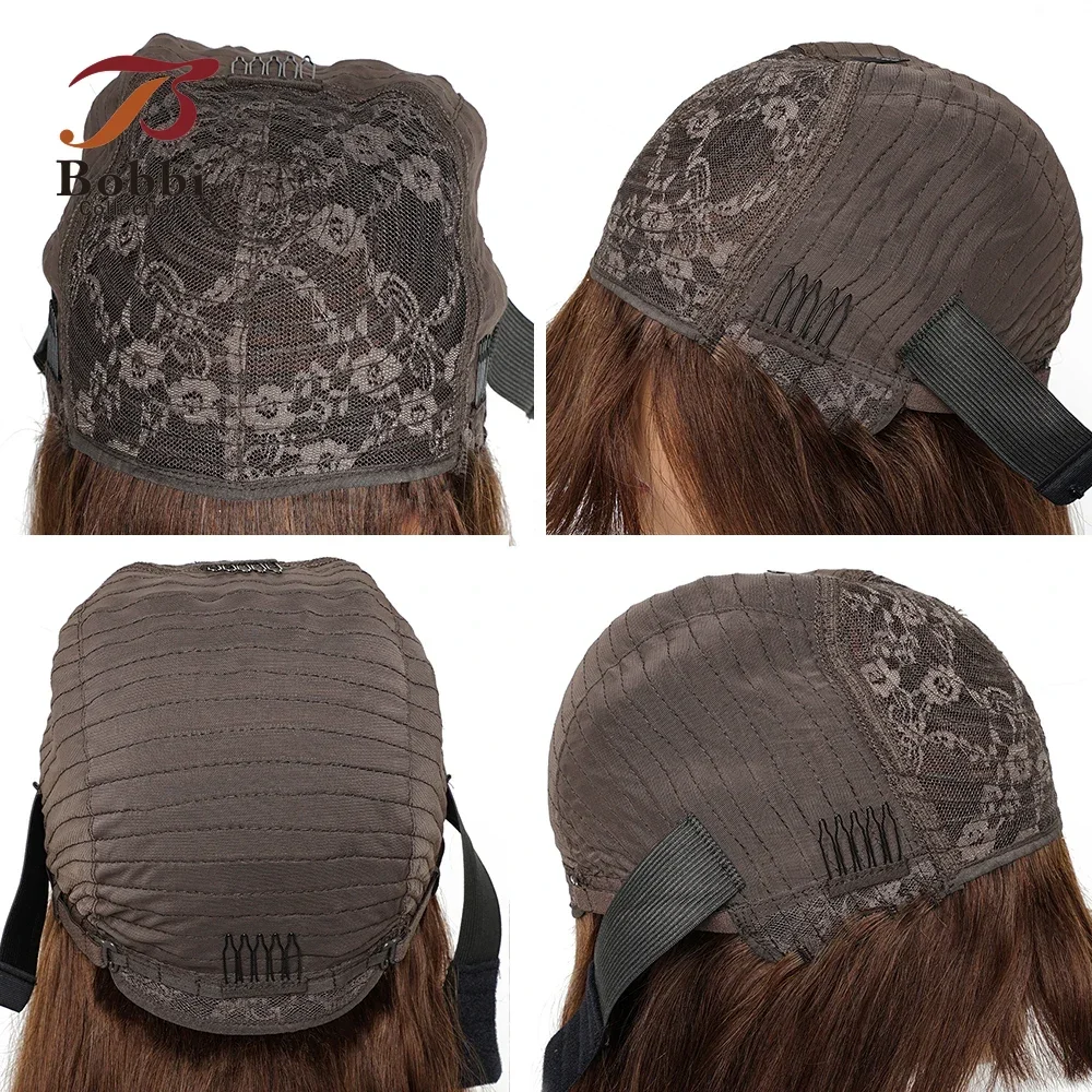 Human Hair Wigs with Bang Romance Curl Loose Wave Full Wig Brown Machine Made Non Lace Wig with Fringe Bobbi