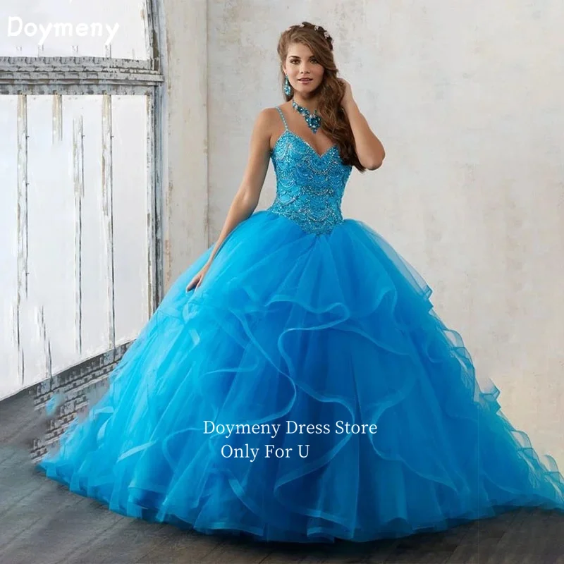 

Doymeny Beads Spaghetti Straps Quinceanera Dresses Ruffles Tulle Ball Gown Long Prom Sixteen Sweet 16 Dress vestidos de fiesta
