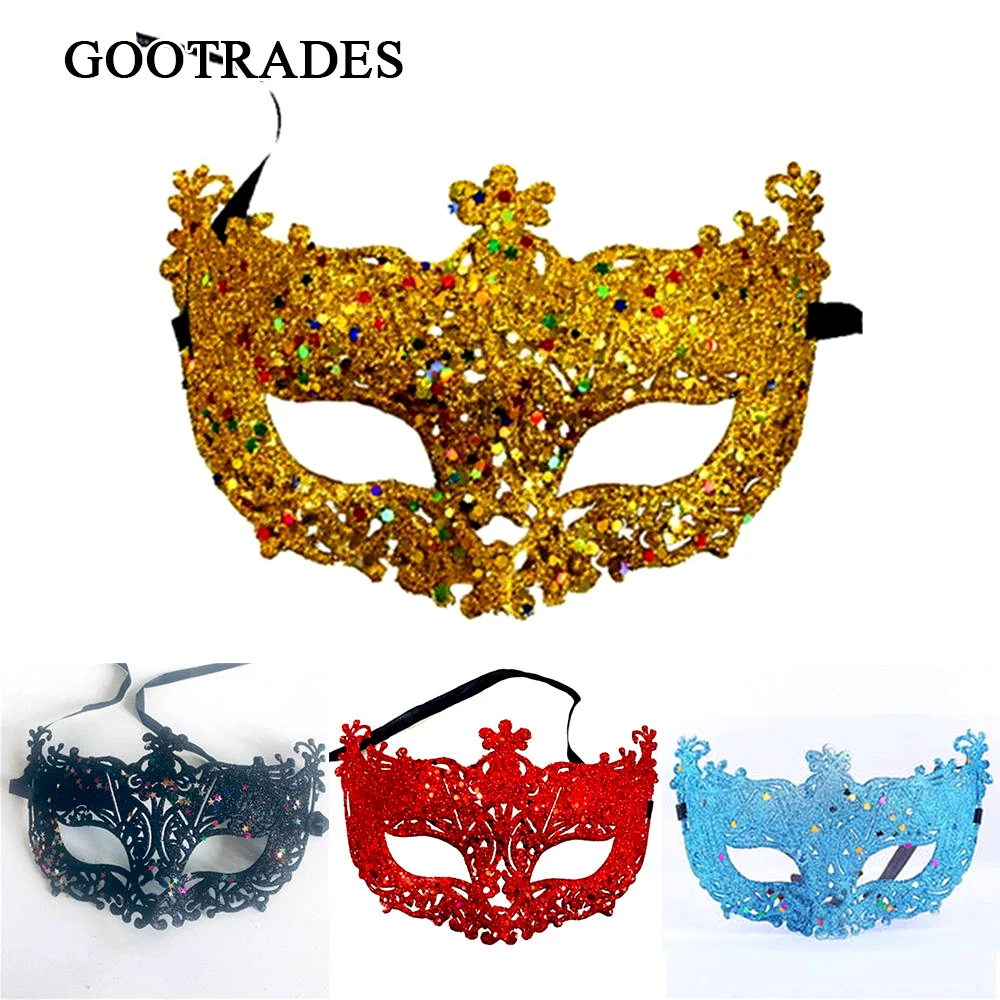 Womens Gold Glitter Venice Venetian Eye Mask Masquerade Ball Fancy Dress 