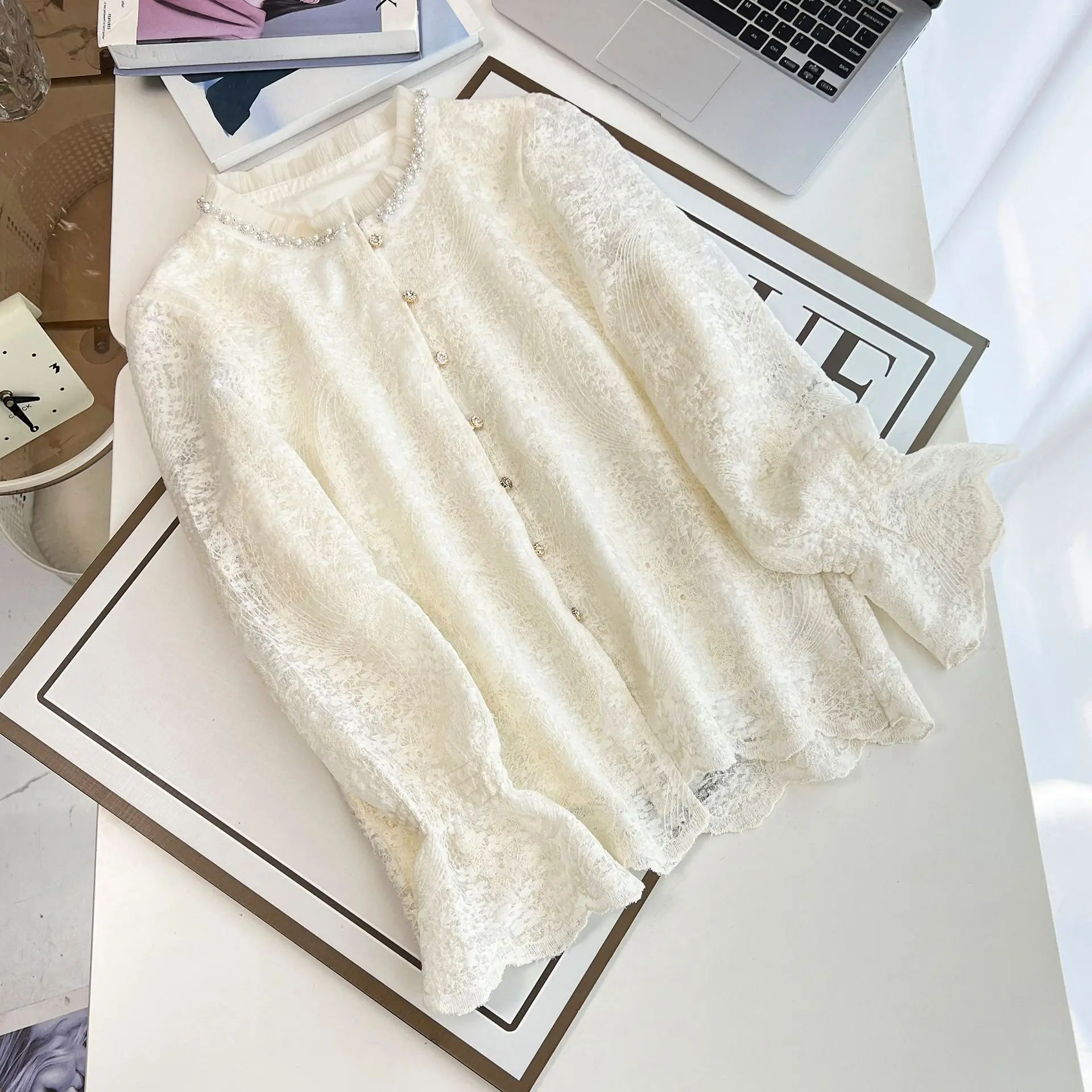 100kg Fashion Beaded Ruffles Collar Lace Long Sleeve Shirt Spring Plus Size Temperament Women Blouses 498