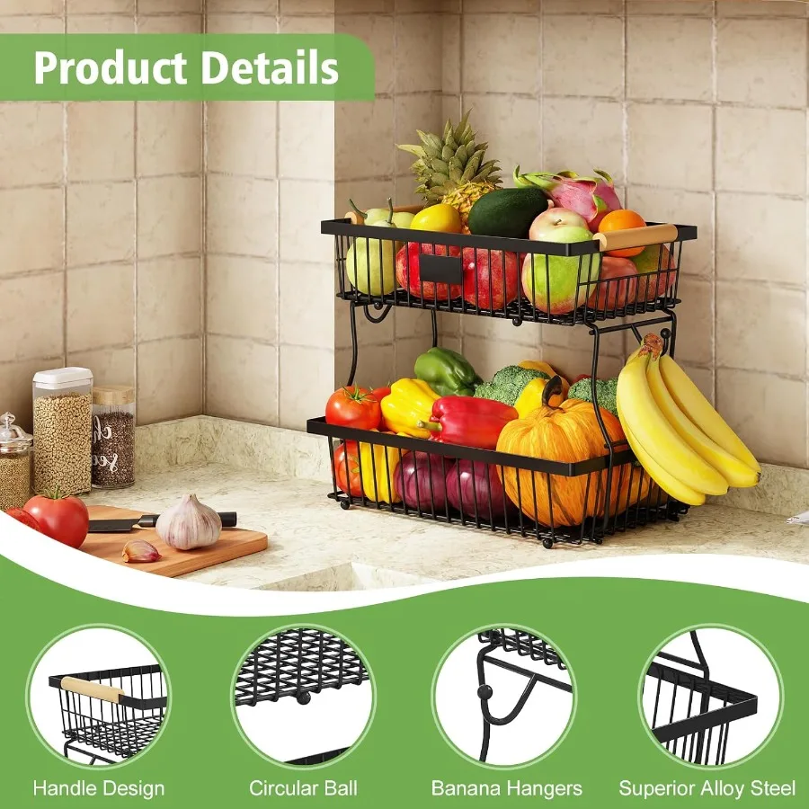 2 Tier Fruit Basket for Kitchen Counter with 2 Banana Hangers Countertop Metal Fruit Bowl with Wooden Handle Large Storage Stan