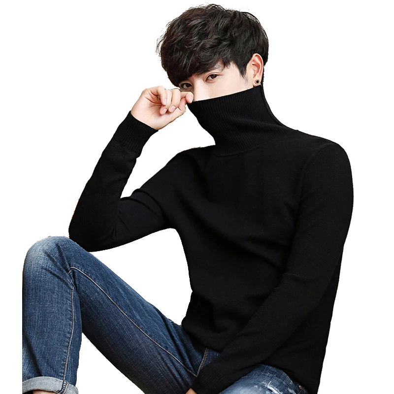 Suéter de punto de cuello alto para hombre, Jersey clásico informal de  Color sólido, elástico, de manga larga, Color negro