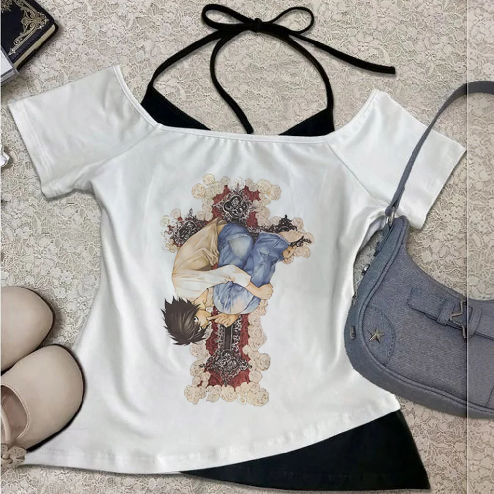 Death Note Crop Top Damen Goth Cutecore Gothic 2000er Jahre Scene T-Shirt Kawaii Streetwear Anime günstig süß – Detail 7