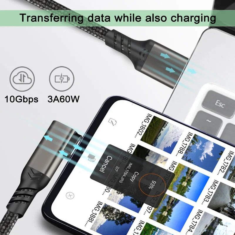 High-Speed USB-C VR Charging & Data Cable with 90-Degree Elbow (10Gbps, 60W)