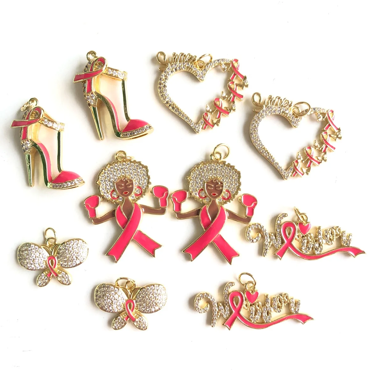 10pcs Pink Ribbon Butterfly Heart High Heel Warrior Black Girl Charm Pendants Bundle for Breast Cancer Awareness Jewelry Making