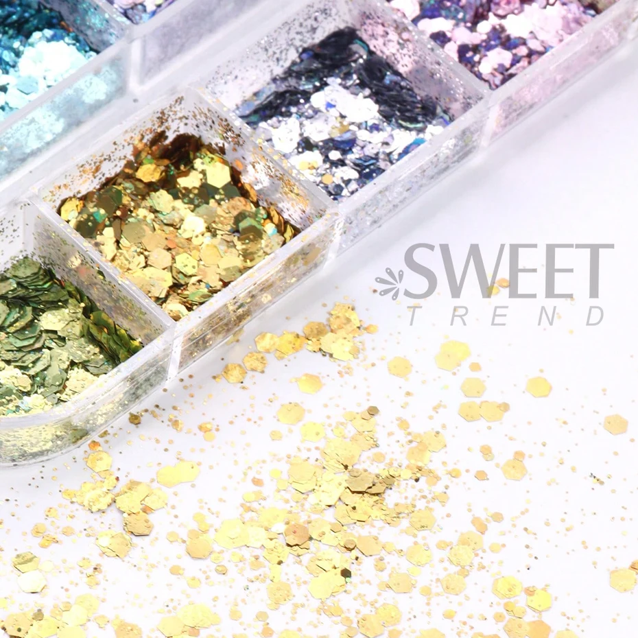 12 Grids Iridescent Nail Art Sequins Laser Mirror Hexagon Glitter Flake Paillette Holographic Spangles DIY Manicure Decor Slices