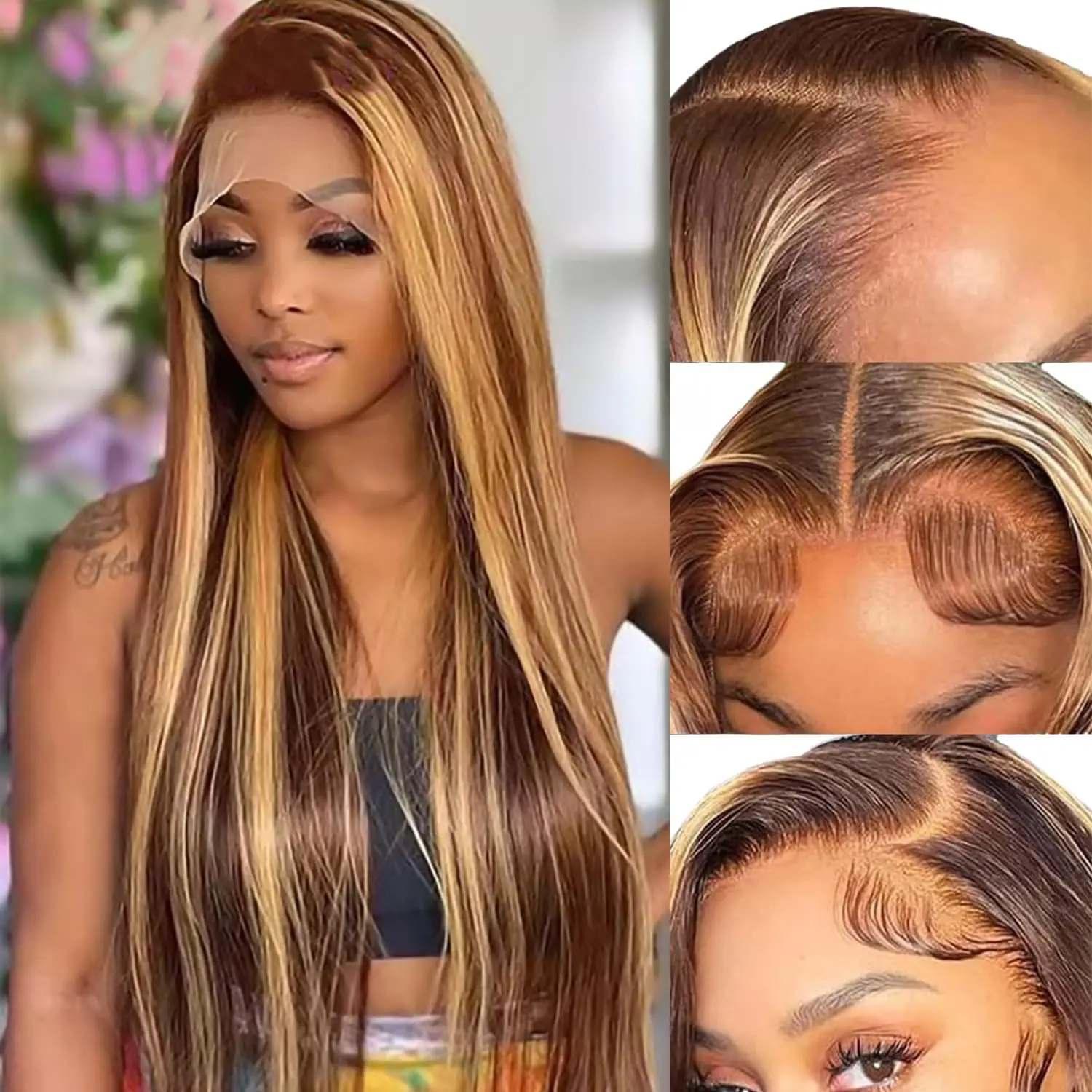 28 Inch Highlight Ombre Lace Front Wig Human Hair 13x6 HD Transparent Straight Lace Front Wigs 200%Density 4/27 Honey Blonde Wig