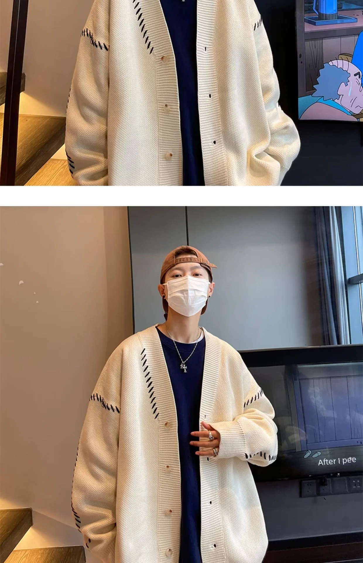 Description Picture 4 of itemMen's Soft Supple Idle Style Knitted Sweater Loose-fit V-neck Long Sleeve Preppy Style Jacket For Autumn/winter