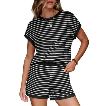 Women's Striped Pajamas Set Summer Short Sleeve Round Neck Top And Shorts Sleepwear 2 Piece Set Casual Loose Home Wear