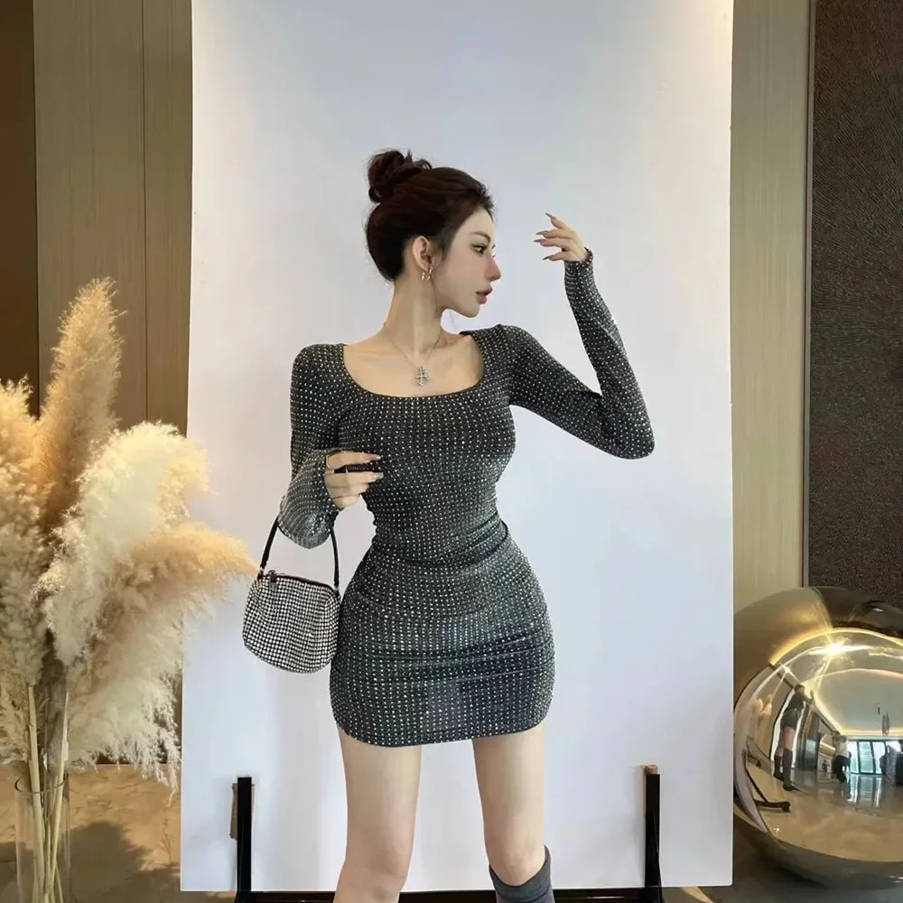 

Fashion Diamond Bright Dresses Ladies Long Sleeve Mini Dress For Women Square Neck Shiny Party Dress 2024 Autumn Female