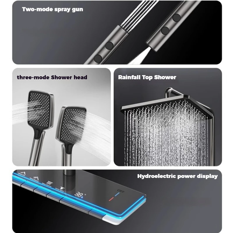 Digital Display Shower Set Shower Faucet System Set Hot Cold Piano Button With Ambient Light Bathroom Faucet Shower Head 3
