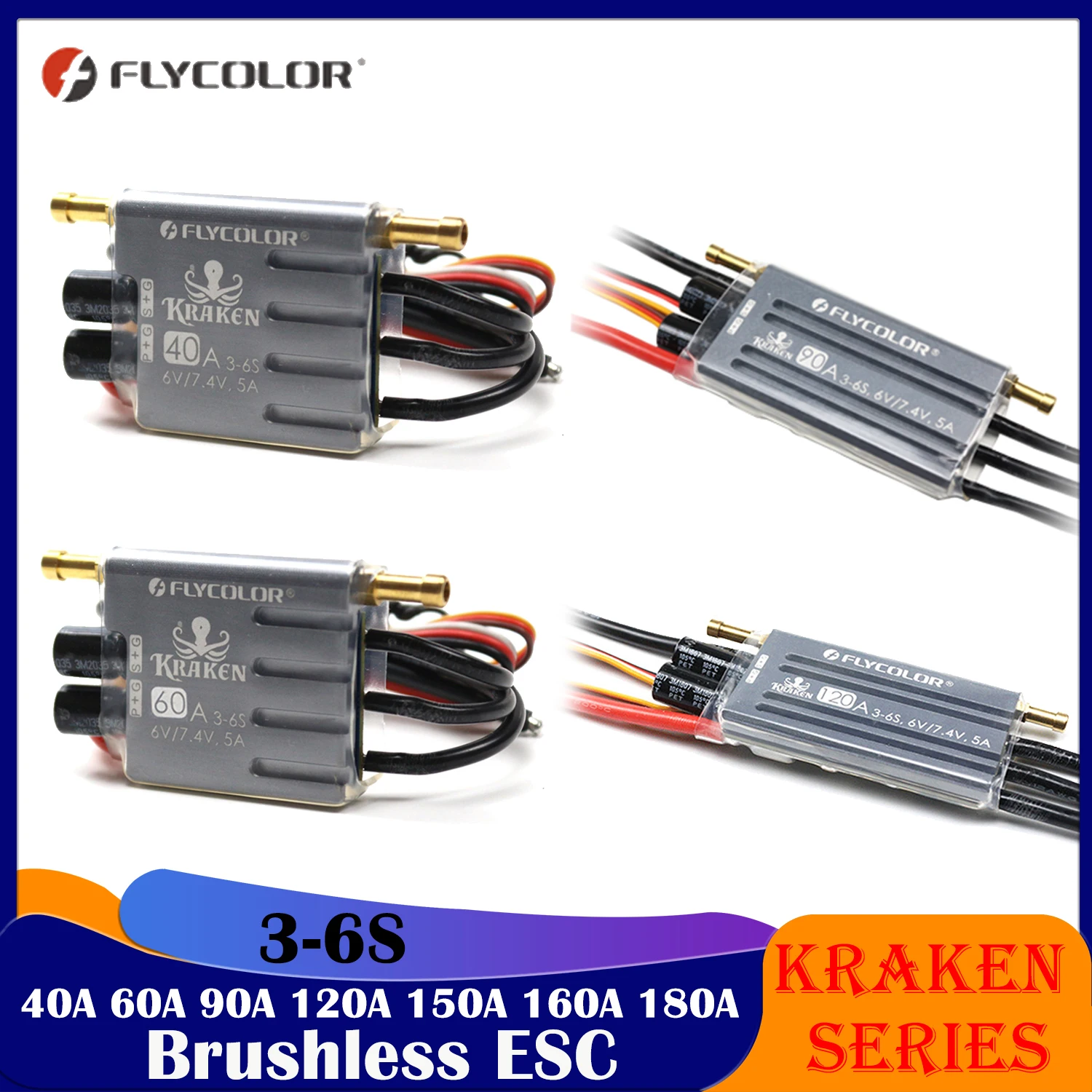 

FLYCOLOR Kraken Series 40A 60A 90A 120A 150A 160A 180A Brushless ESC 3-6S Waterproof for RC Model Racing Boat Part Accessories