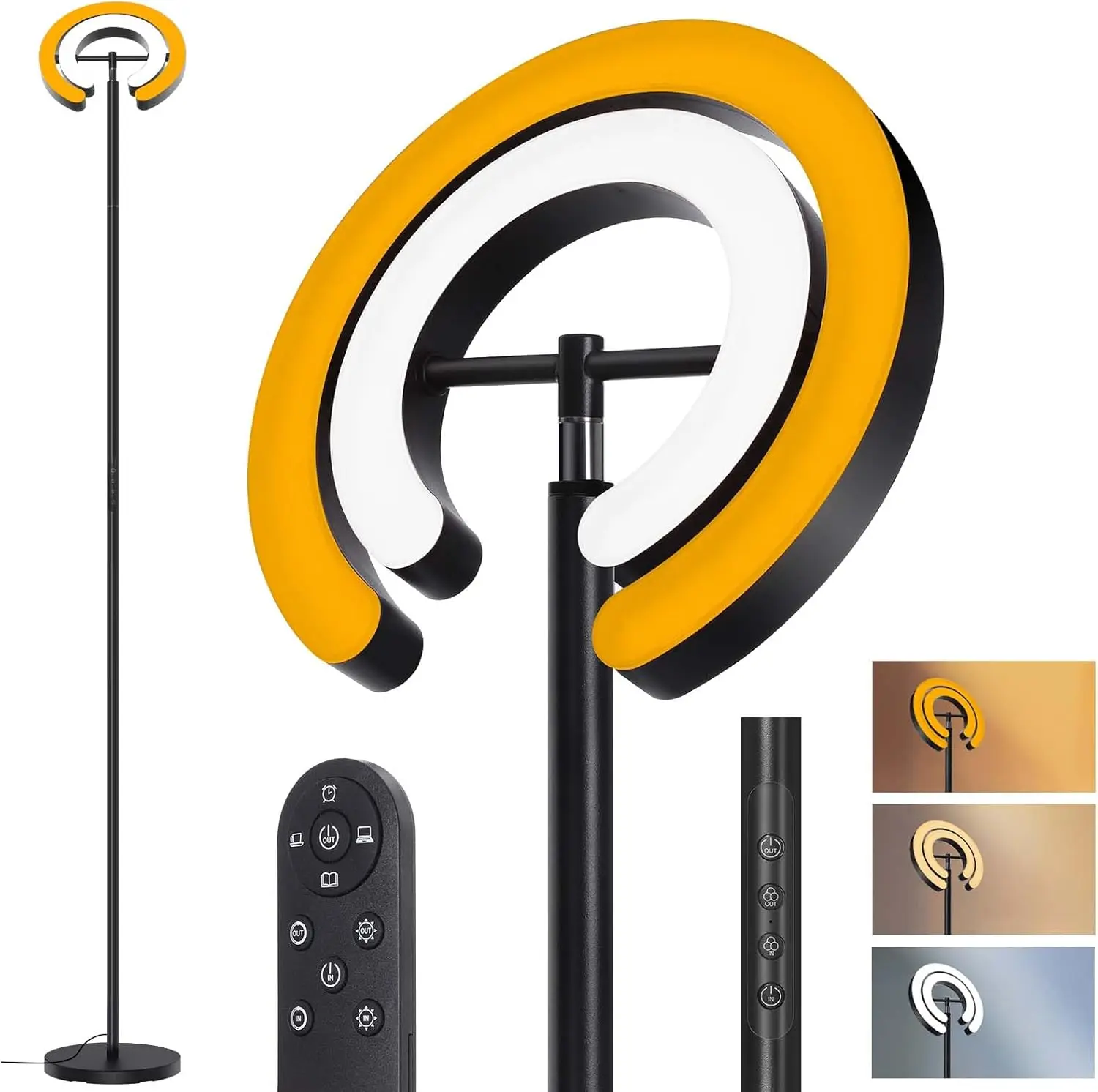 Living Room Floor Lamp,192 cm with Remote Control, 312° Rotating Double Ring, Dimmable 1900 K - 6500 K, Modern Floor Lamp for Be