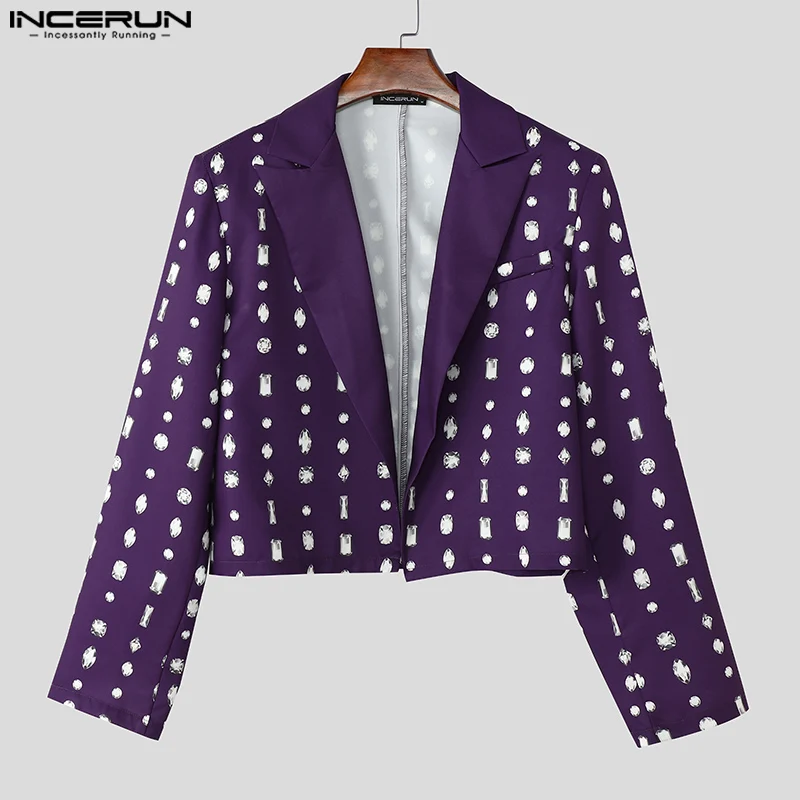 Men Blazers Lapel Collar Long Sleeve Open Front Diamond Printed Loose Cropped Jacket Coat