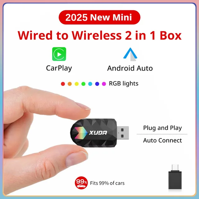 XUDA 2in1 Wireless CarPlay AI Mini Box Android Auto Box Plug&Play Automatic Connection Compatible with 99% of Cars For Car Radio 2