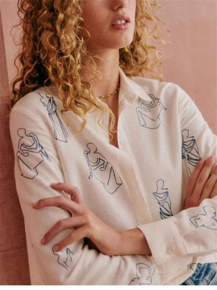 

Женская однобортная блузка с вышивкой, белая Повседневная рубашка с отложным воротником, лето 2024