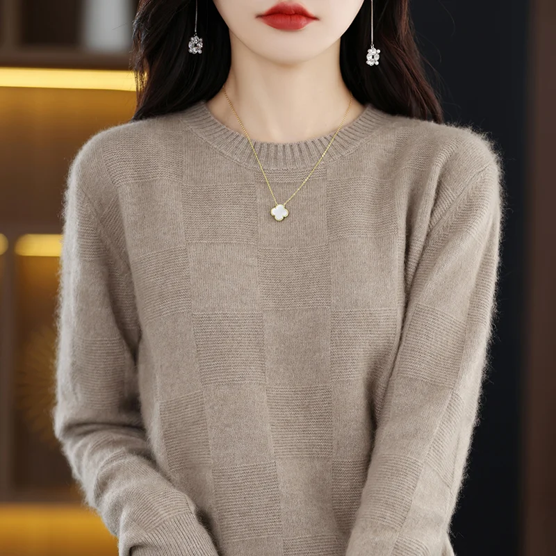 Autumn and Winter New O-Neck Women's Sweater 100% Pure Mink Cashmere Knitted Pullover Solid Color Slim Fit Fashion Top 3