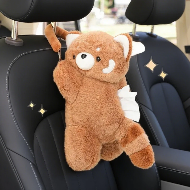 Boîte à mouchoirs de voiture en peluche Panda rouge doux, forme d'animal de dessin animé, siège arrière suspendu, support de rangement de mouchoirs intérieur de voiture