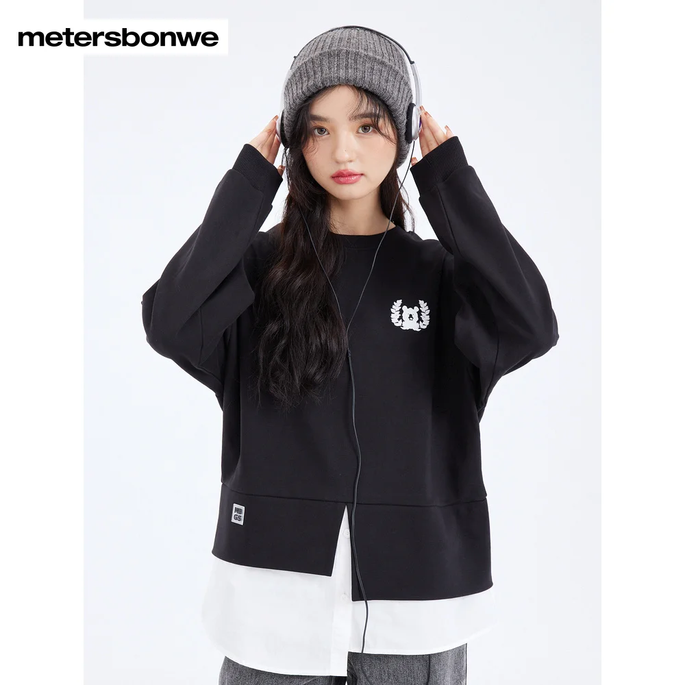 Metersbonwe Women's Fashion Irregular Splicing Pullover 100% Cotton  Preppy Style Sweat Shirt Print Loose Spring Autumn Tops