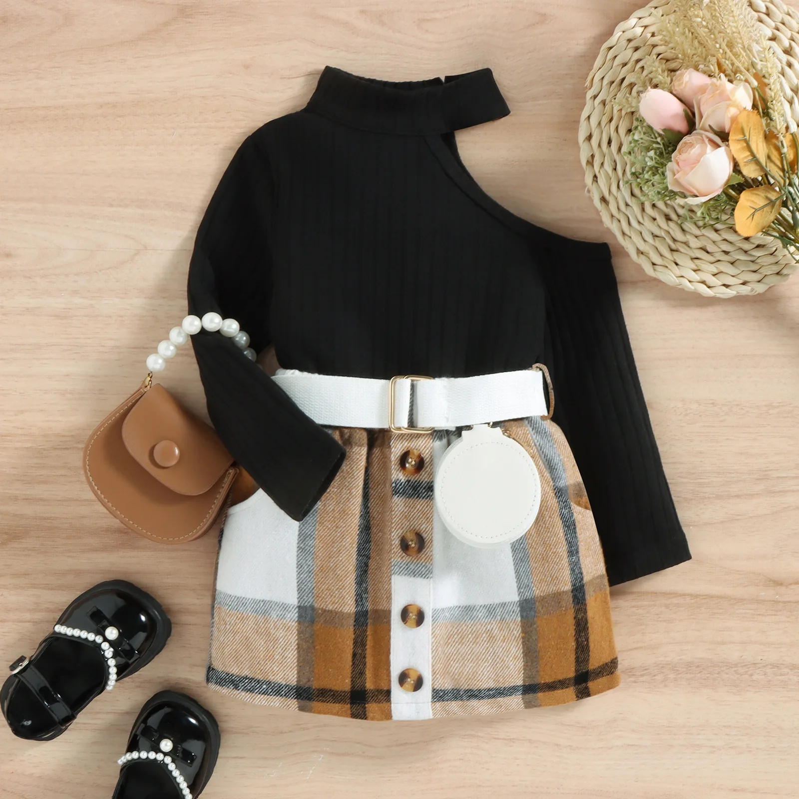 

1-6Y New Kids Girls Autumn Clothes Set One Shoulder Long Sleeve Tops + Check Skirt+ Waist Bag 3Pcs Baby Children Fashion Outfits