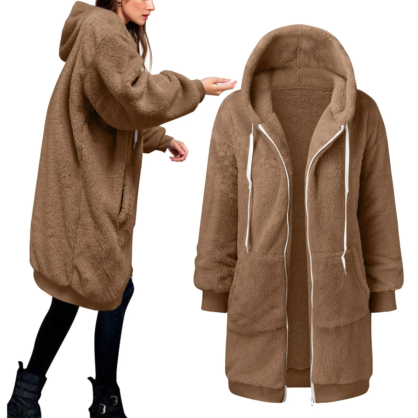 

2023 Autumn Winter Women Plush Coat Fashion Hooded Zipper Jackets Casual Oversized Solid Color Faux Fur Warm Ladies Parka Jacket