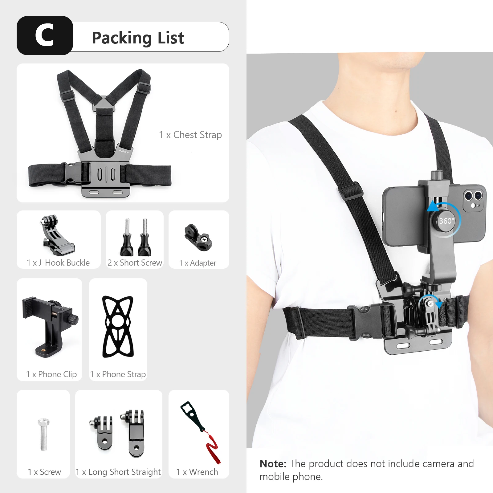 Vamson Chest Strap Rotating Phone Mount & Body Harness Holder for Smartphones and Action Cameras
