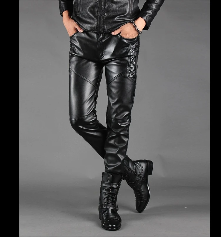 Description Picture 6 of itemMen's Motorcycle Leather Trousers Slim Fit PU Punk Leather Pants Fashion Casual Black Skinny Leather Pants Men