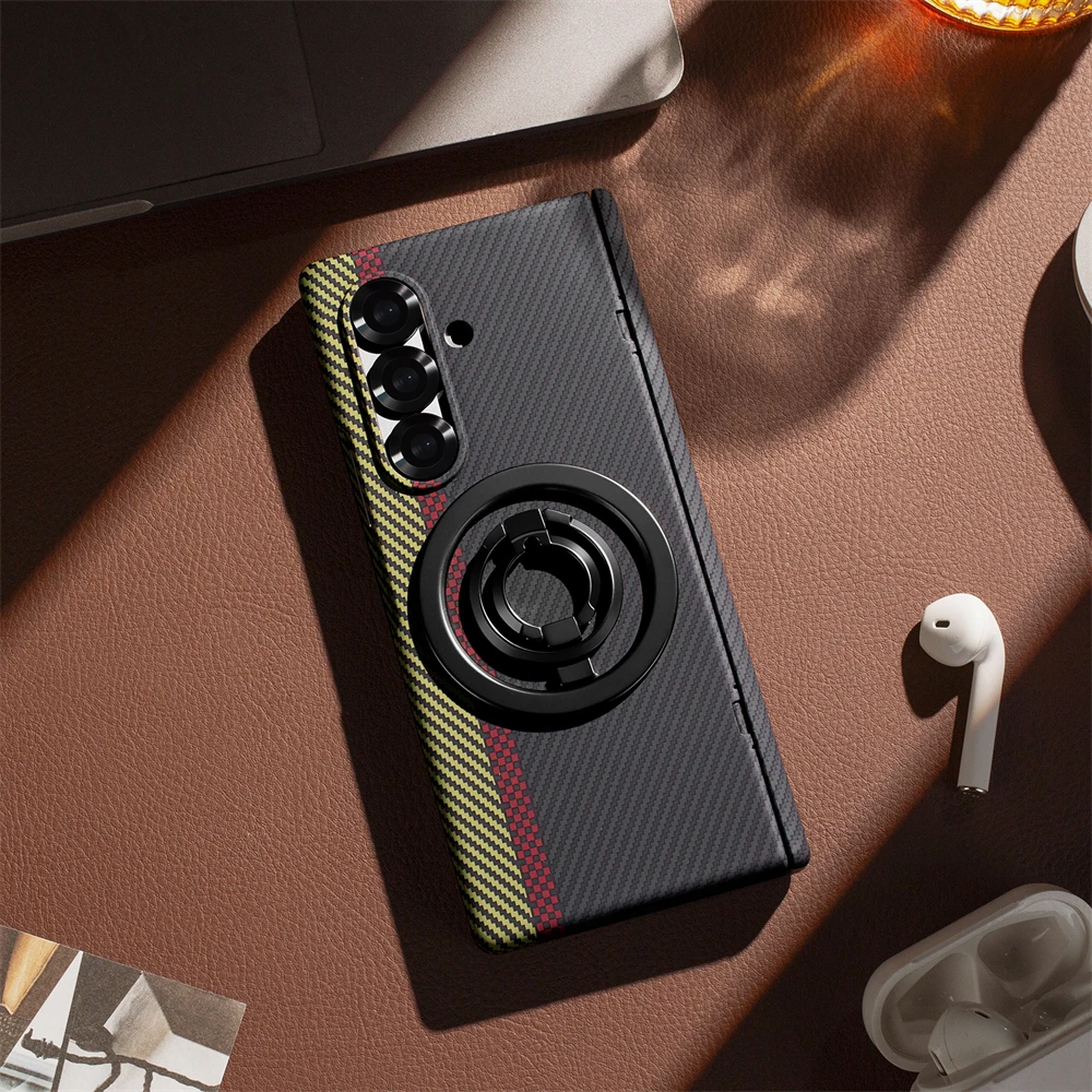 Carbon Fiber Texture Magsafe Case with Outer Screen Glass and Wireless Charging Hinge Holder