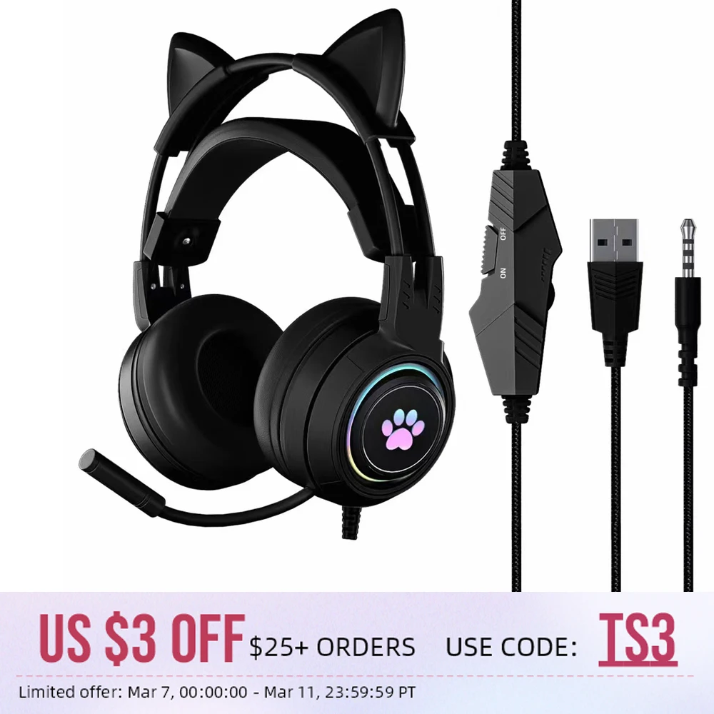 Cat Ear Headphones Gaming Headset For Pc Computer With Microphone Pink