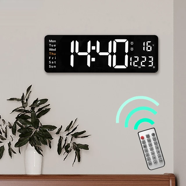 Aierwill – horloge murale numérique N6, 16 pouces, grand réveil,  télécommande, Date, semaine, température, horloge, double alarme, affichage  LED