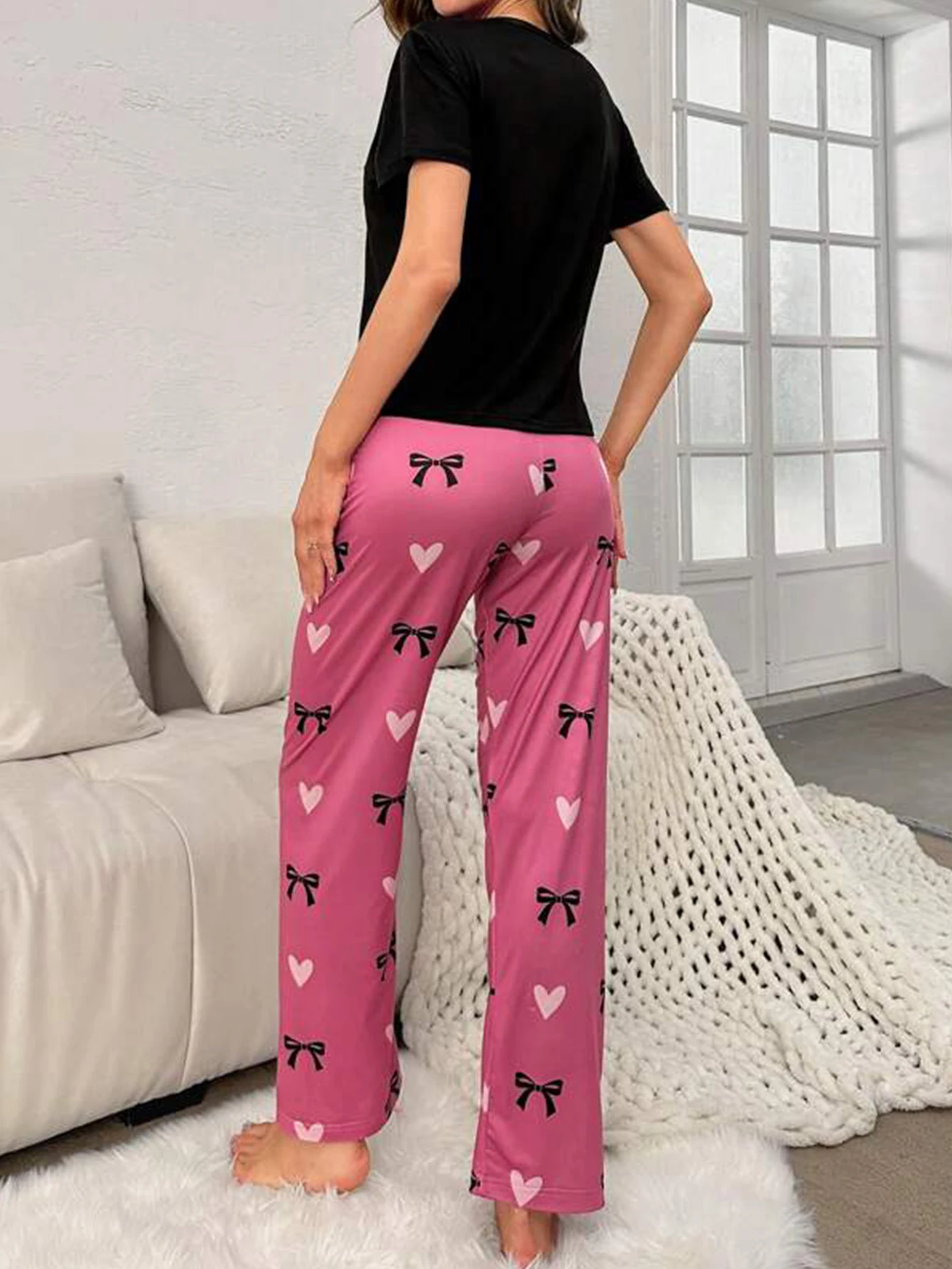 Cozy Heart Bow Knot Pajama Set For Women Lightweight Soft Short