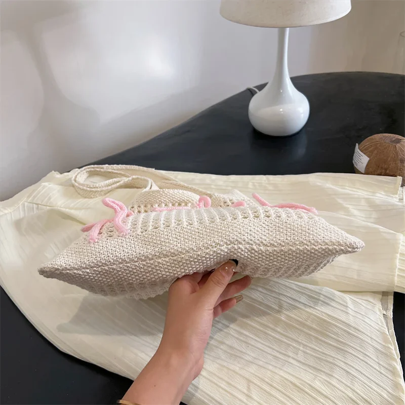 Women Knitted Shoulder Bag with Bow Crochet Beach Tote Bag Woven Hobo Bag Large Capacity Hollow Out Handbag for Outdoor Travel