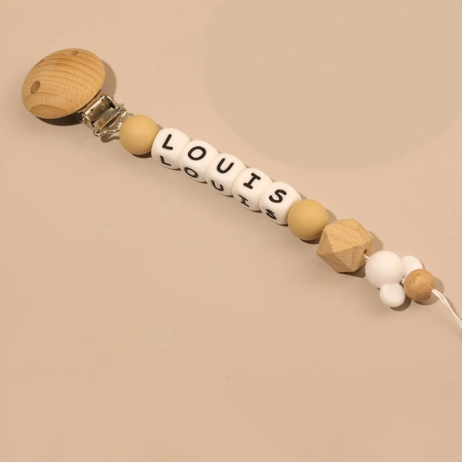 Personalized Baby Pacifier Clip Name Silicone & Wood Beads, Soother Holder for Infants