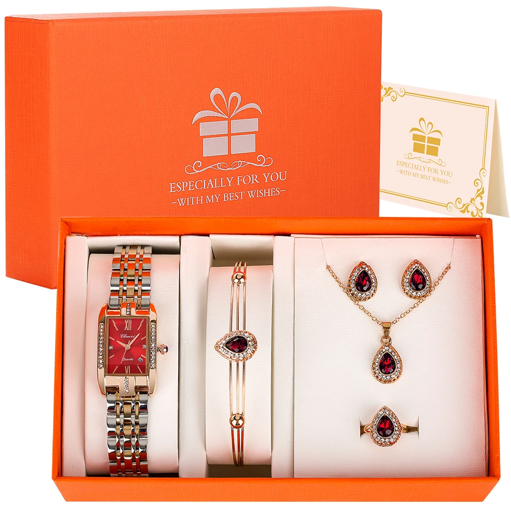 New Fashion Quartz Wrist Watch for Women Luxury Necklace Ring Jewelry Gift Box for Ladies Elegant Watches Set Reloj De Mujer