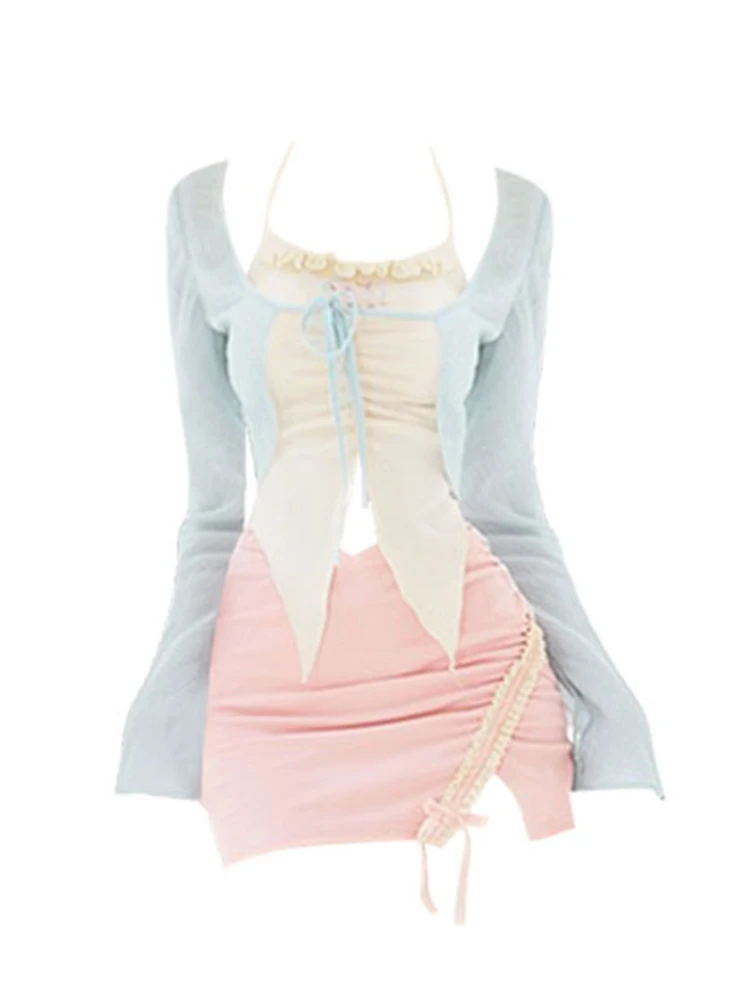 

Women 2000s Japanese Fashion Gyaru Hot Sexy Fairy Core Outfits 3 Piece Set Kawaii Camisole + Coquette Bolero + Mini Micro Skirt