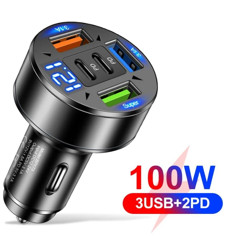 Adattatore per caricabatterie da auto QC3.0 5 in 1 con doppia porta PD e ricarica rapida USB con display di tensione per iPhone, Samsung, Huawei_voghion.com